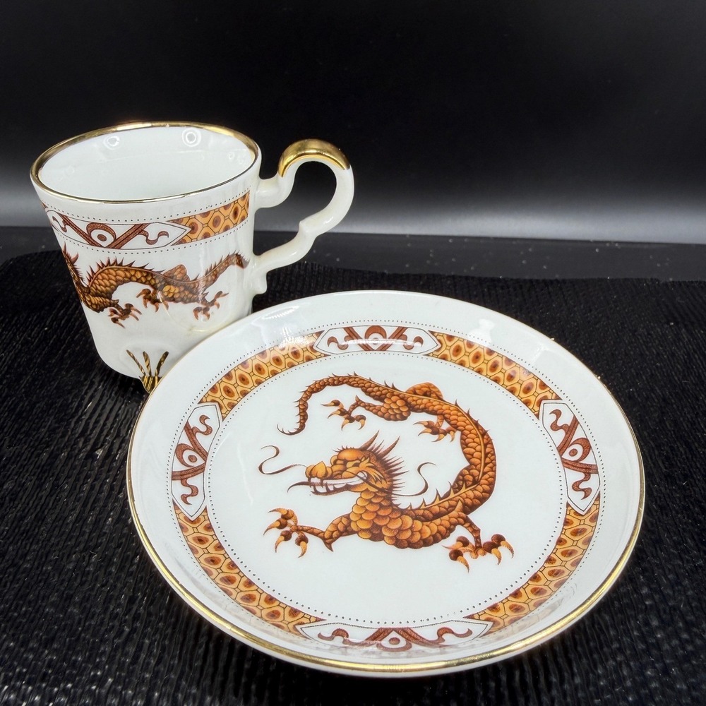 Bareuther Waldsassen Bavaria Germany Dragon Espresso Cup Saucer Set Orange Gold - Picture 13 of 16